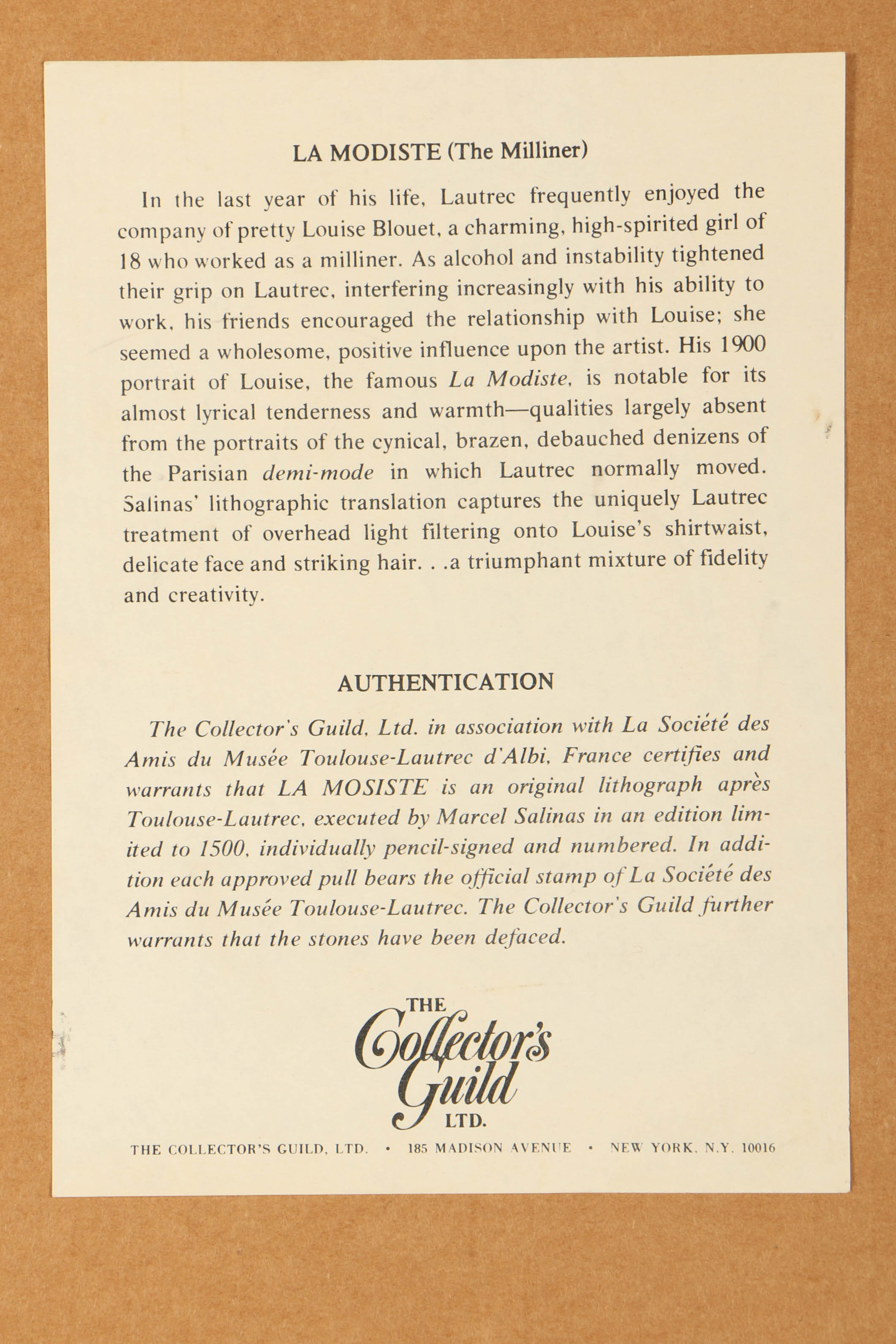 Lithograph "La Modiste" After Henri Marie Raymond Toulouse-Lautrec