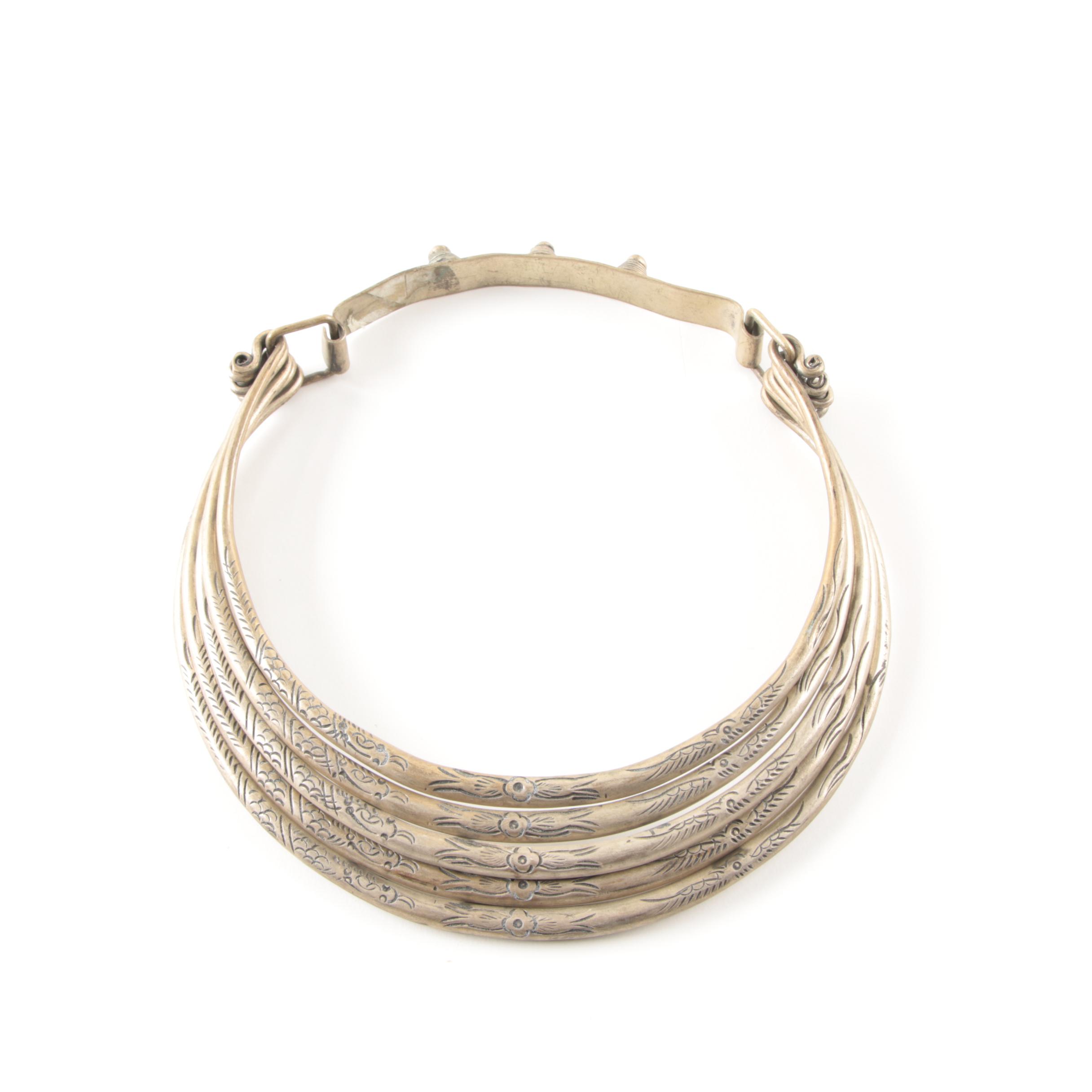 Ornate Miao Hmong Style Etched Quintuple Chain Necklace