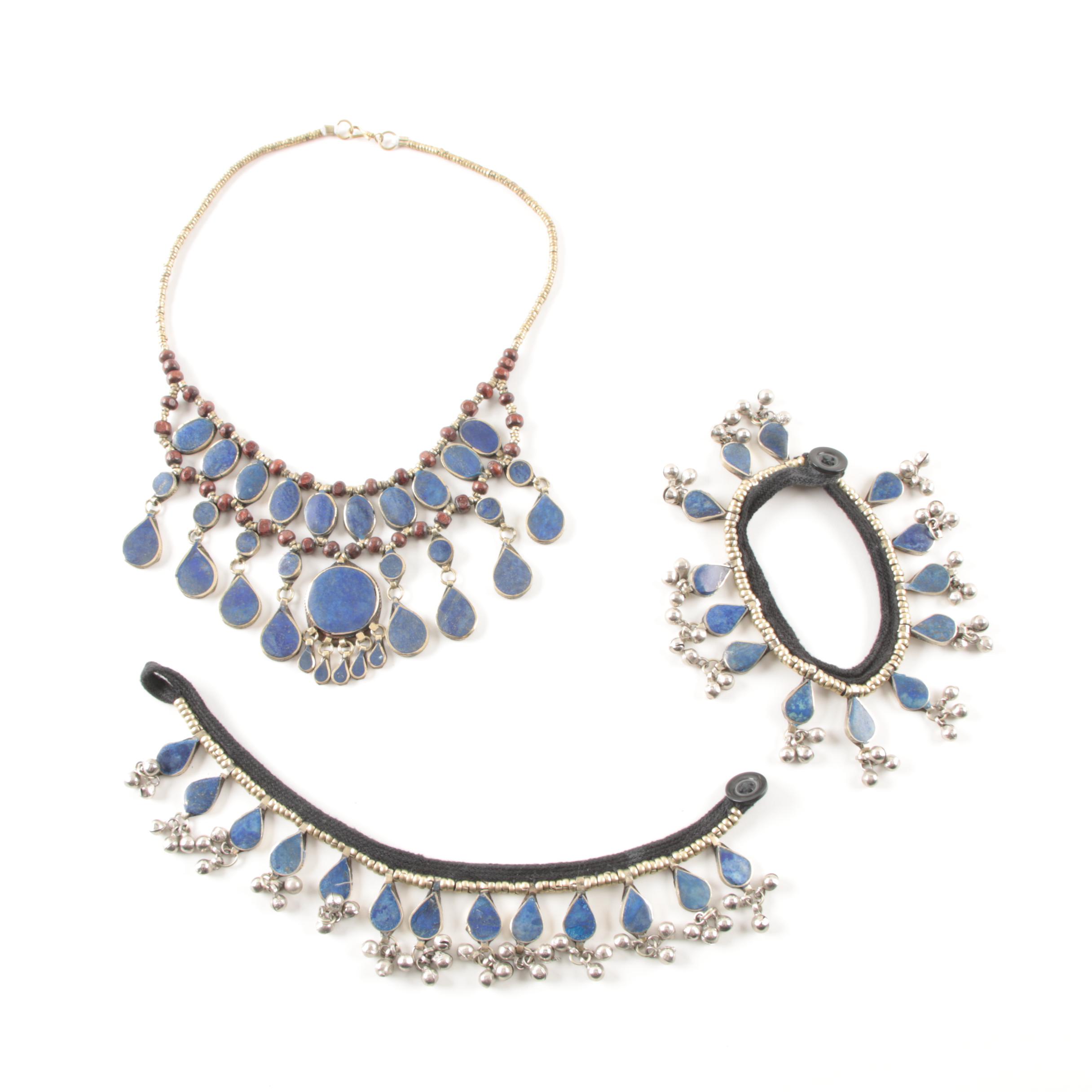 Afghani Style Lapis Lazuli Bracelet and Necklace Set