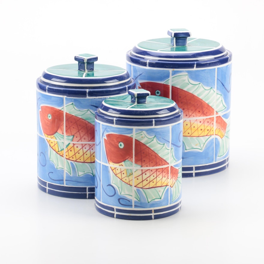 Clay Art "Adriatic" Hand Painted Kitchen Canisters 1998