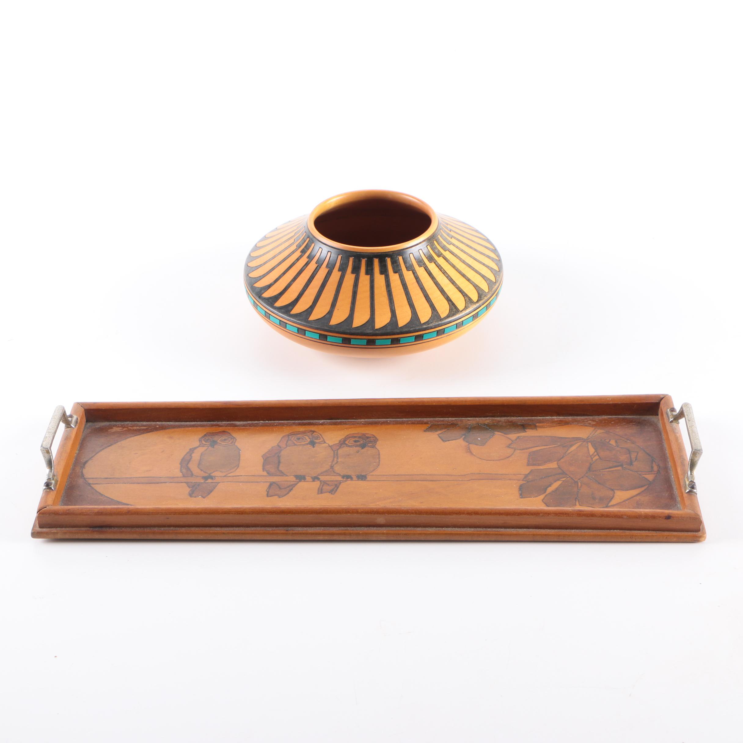 Hand Carved Wooden Tray and Klaus Stange Alder Wood Bowl