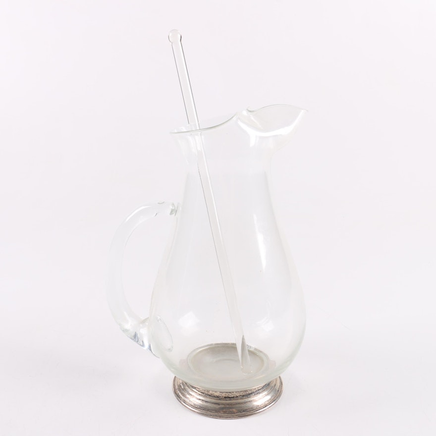 Glass Martini Pitcher with Sterling Base and Glass Stirrer