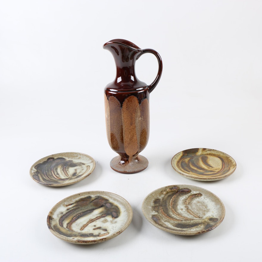 Vintage Brown Glazed Haeger Ewer with Stoneware Plates