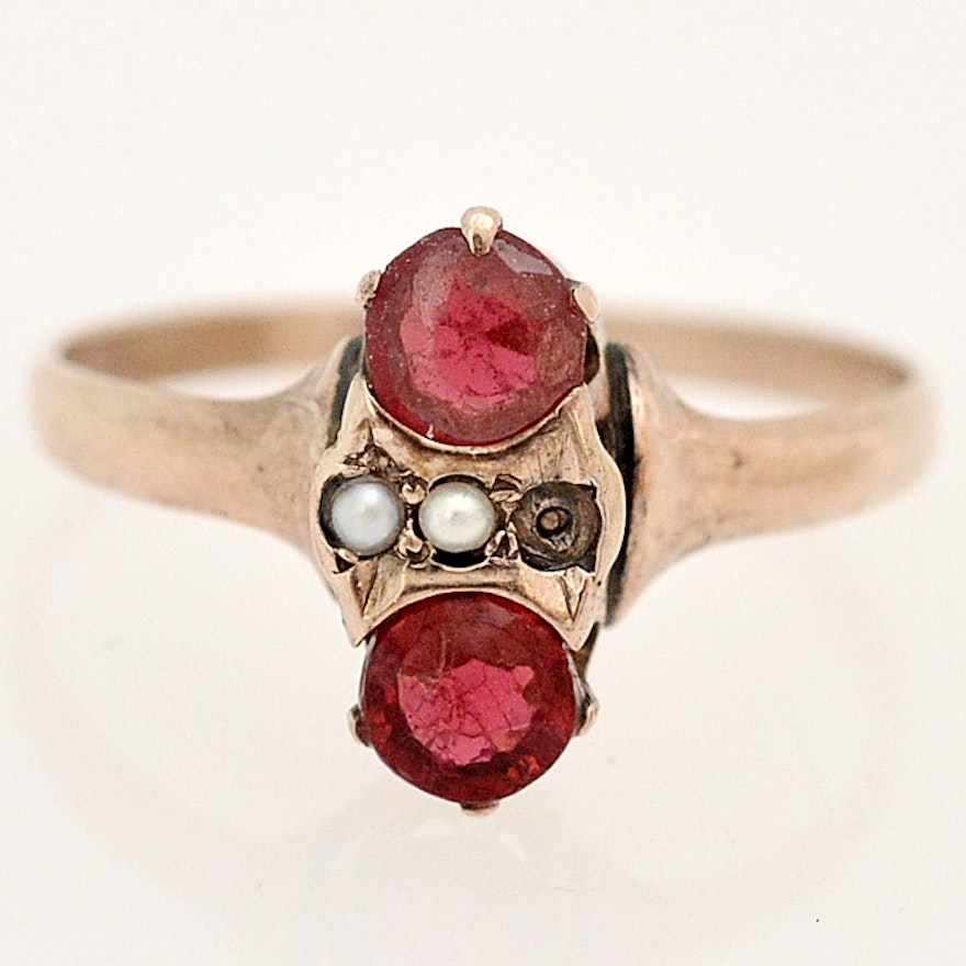 Victorian 14K Yellow Gold, Glass, Garnet Glass Doublet and Seed Pearl Ring
