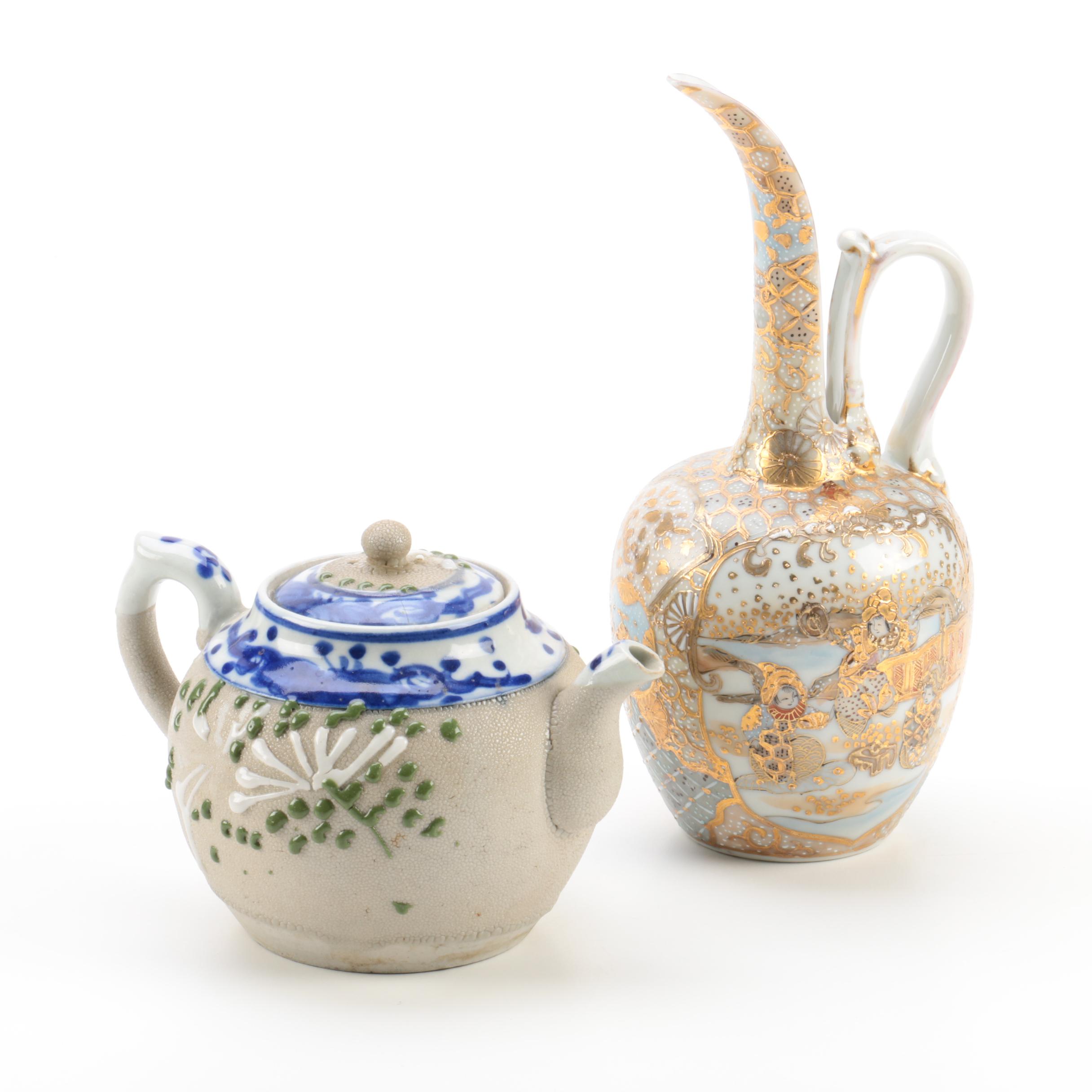 Japanese Style Satsuma Porcelain Carafe and Stoneware Teapot