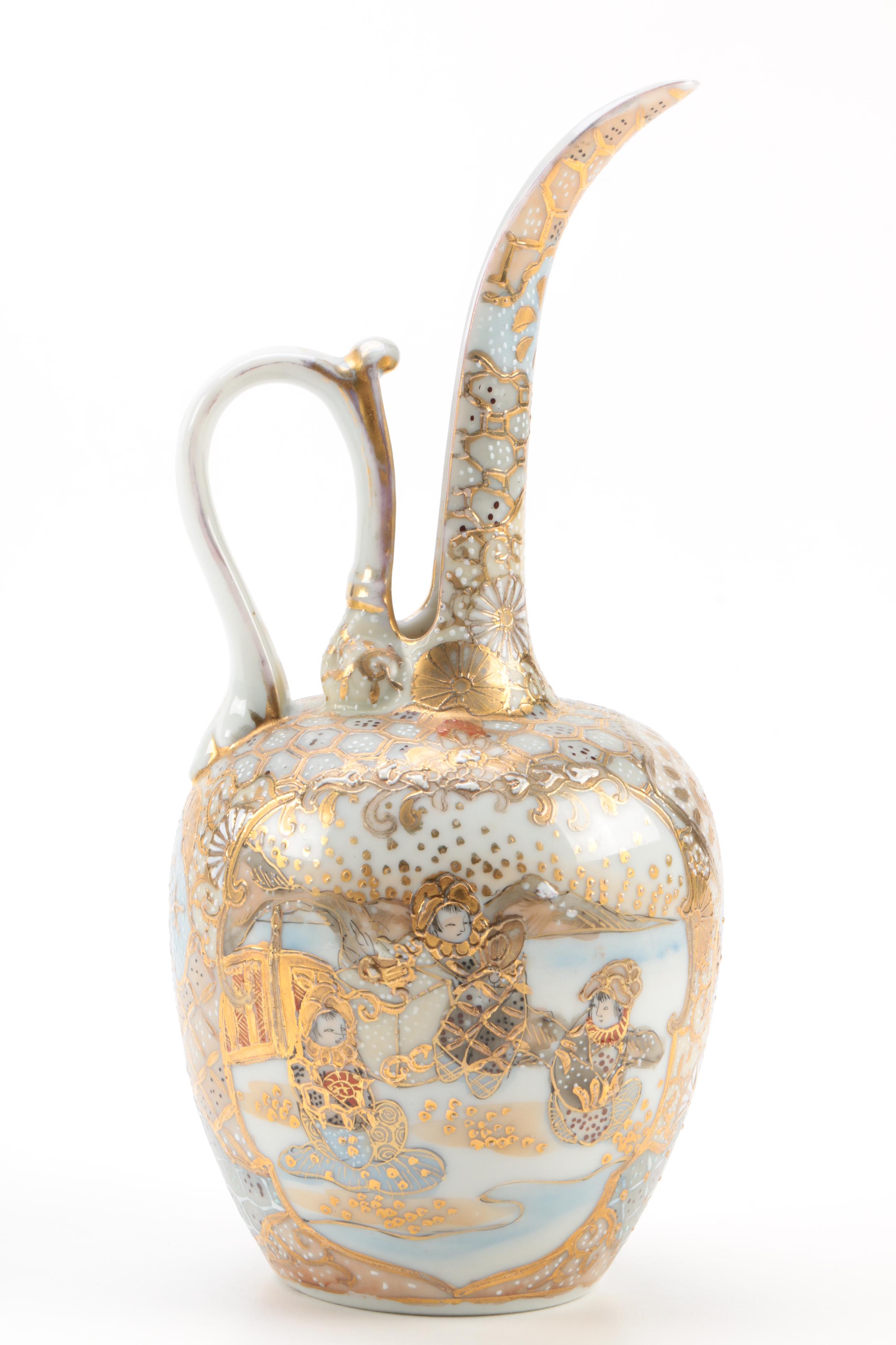 Japanese Style Satsuma Porcelain Carafe and Stoneware Teapot