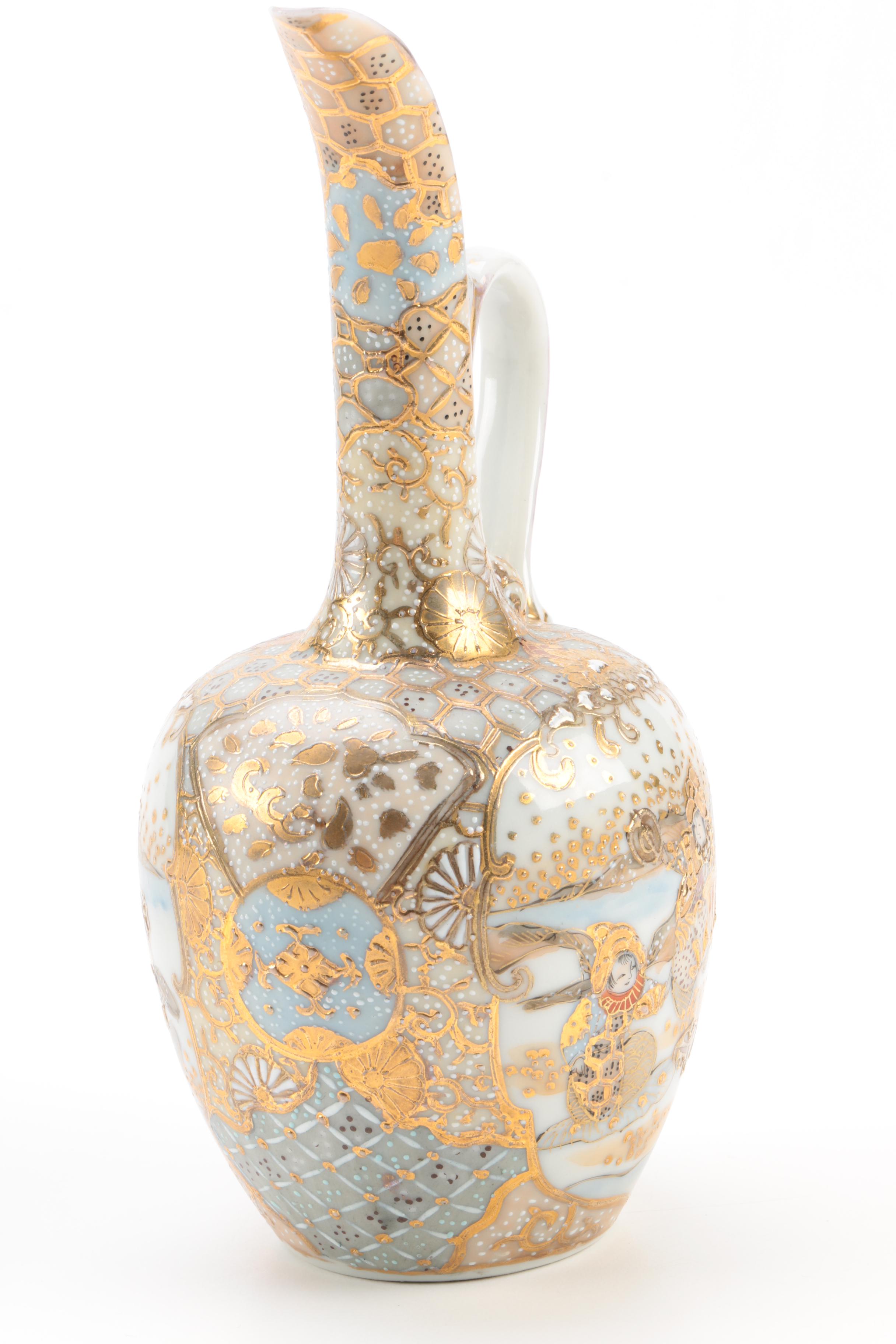 Japanese Style Satsuma Porcelain Carafe and Stoneware Teapot