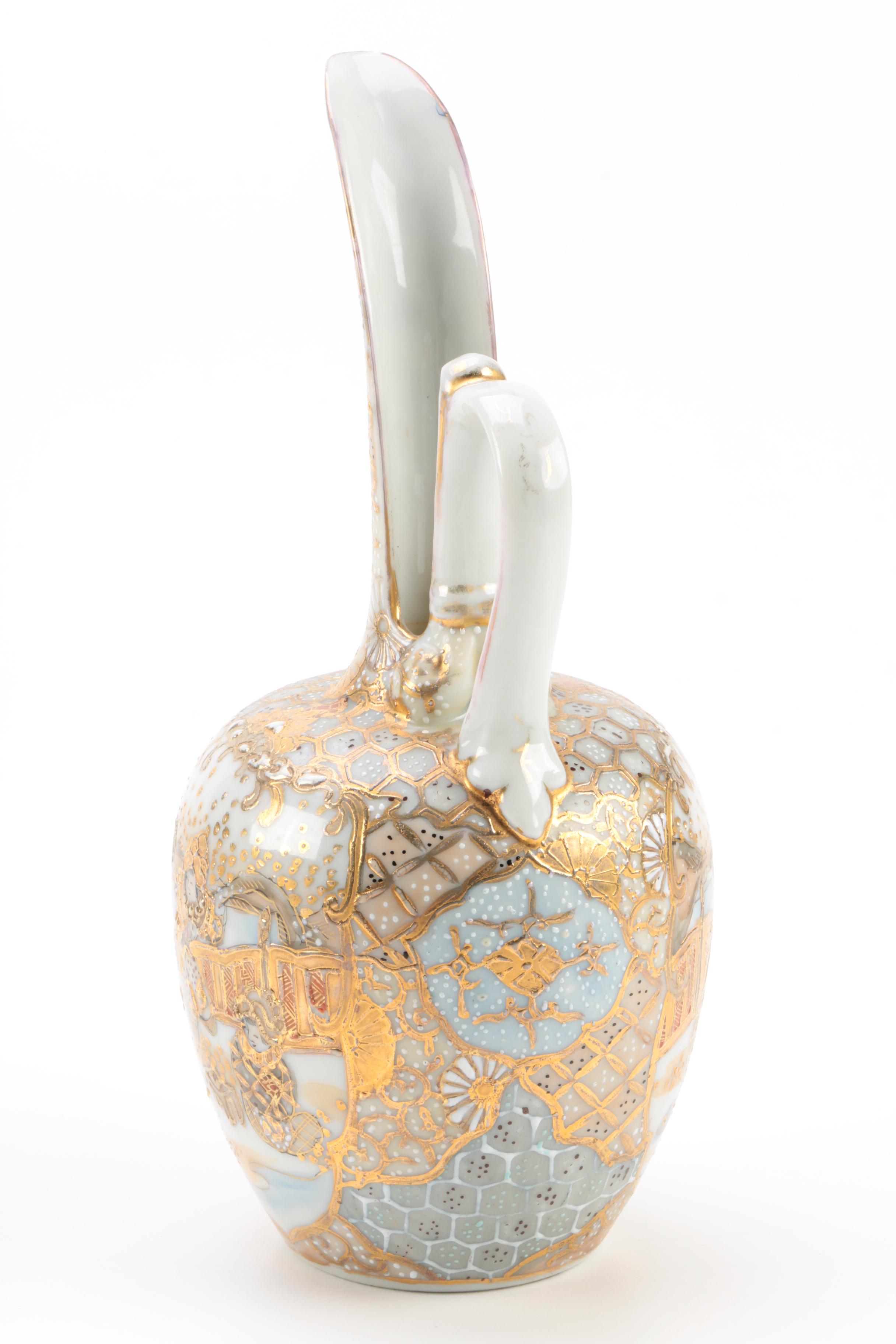 Japanese Style Satsuma Porcelain Carafe and Stoneware Teapot