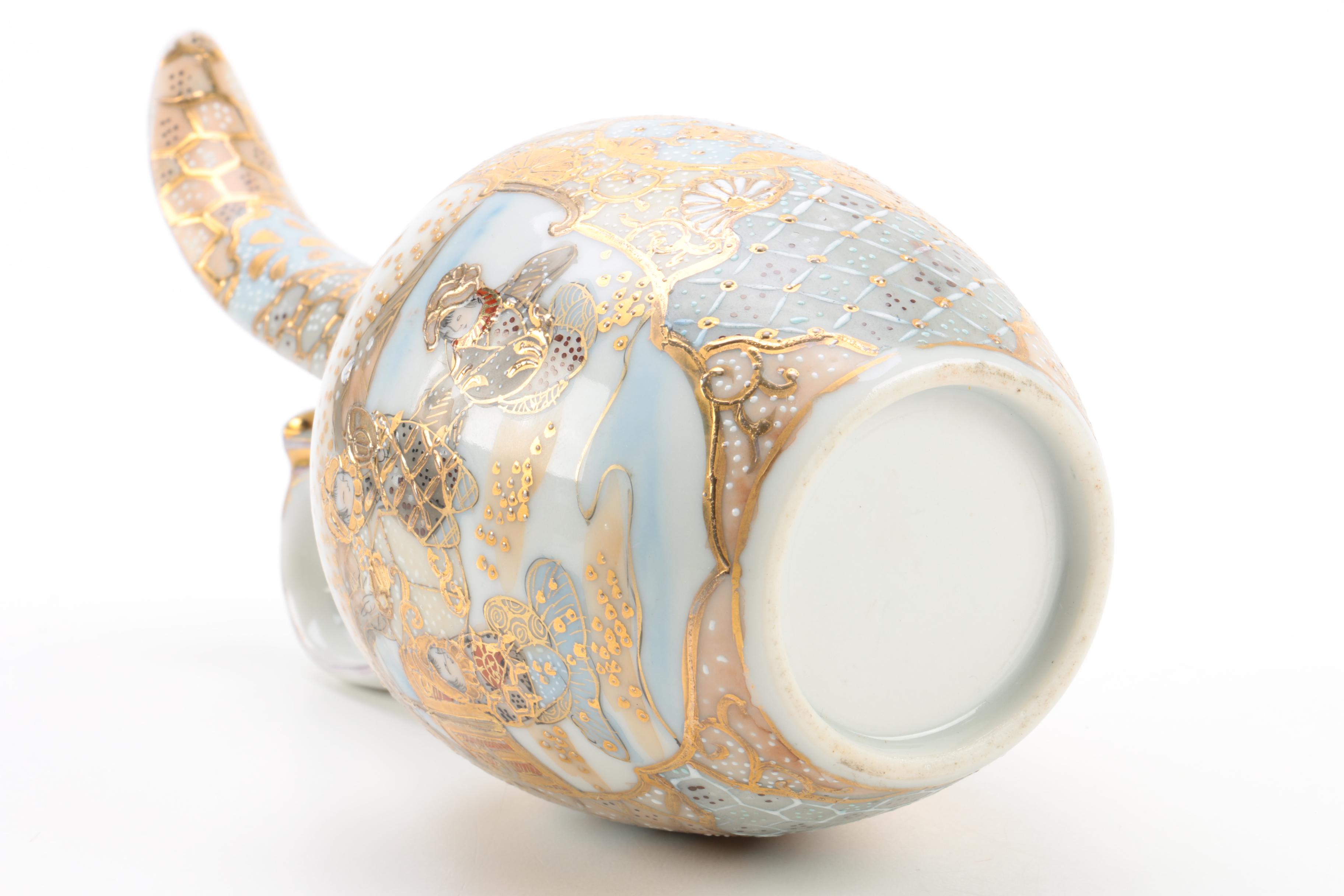 Japanese Style Satsuma Porcelain Carafe and Stoneware Teapot