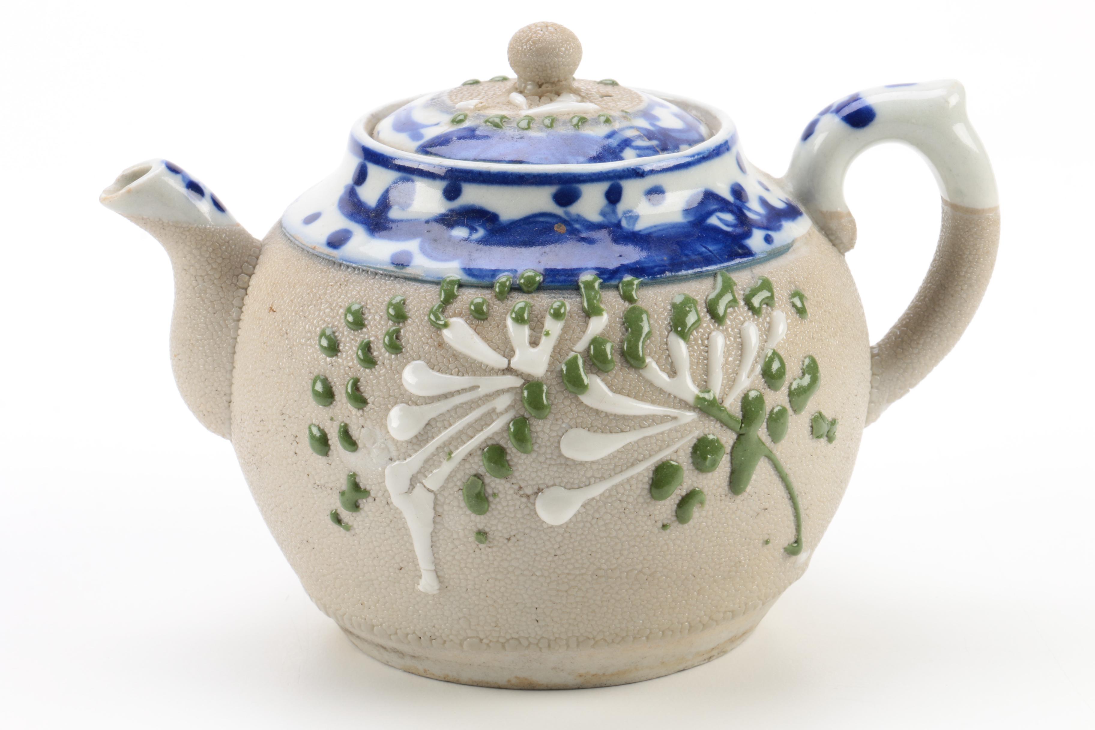 Japanese Style Satsuma Porcelain Carafe and Stoneware Teapot