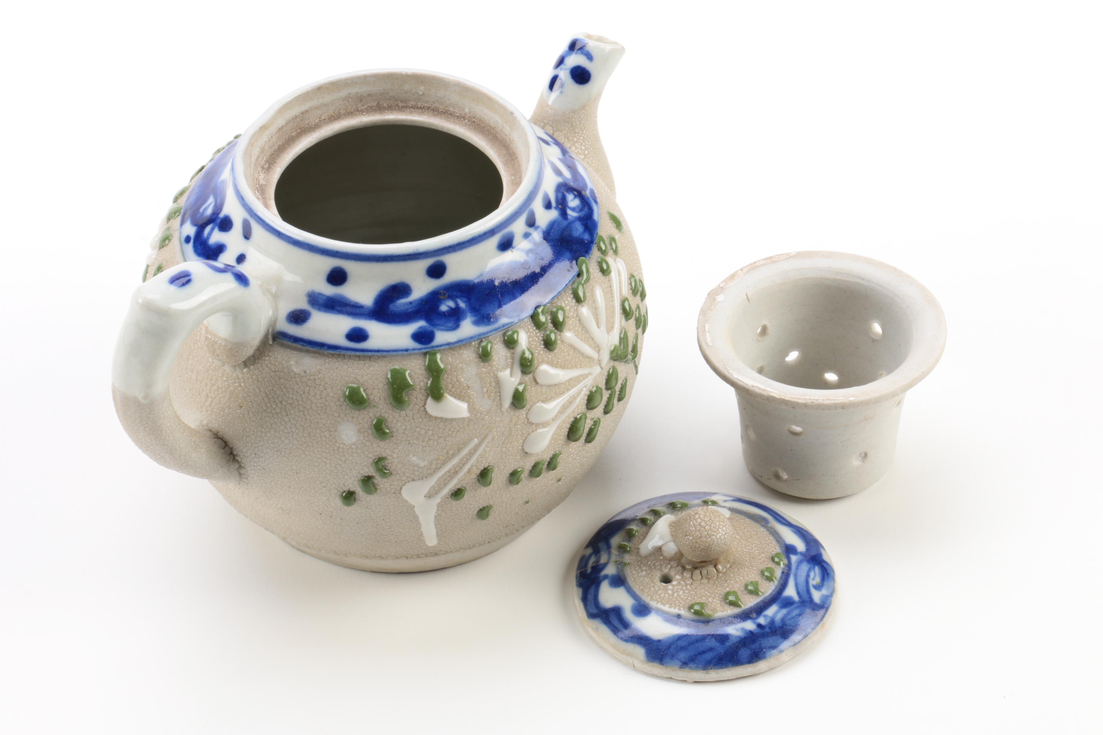 Japanese Style Satsuma Porcelain Carafe and Stoneware Teapot