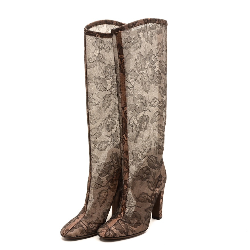 Valentino Brown Lace Knee-High Boots