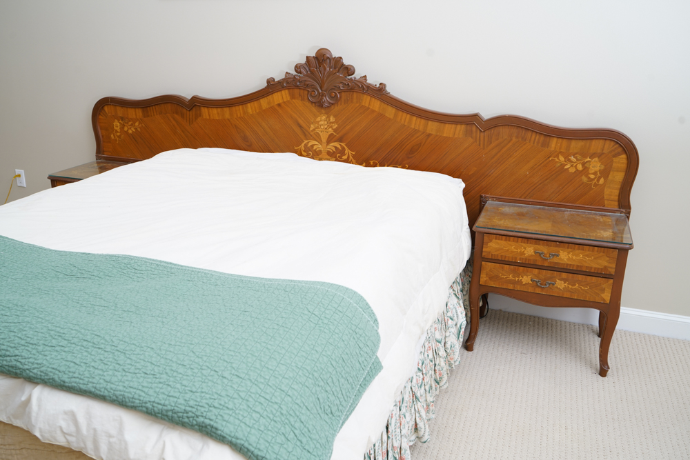 Vintage Rococo Style Walnut Queen Size Headboard with Nightstands