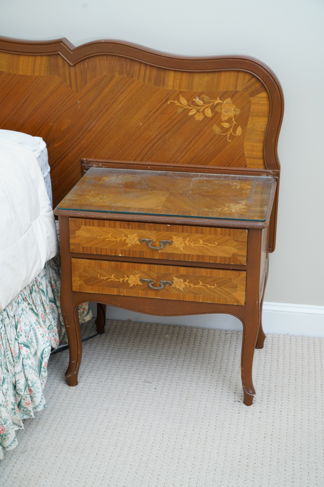 Vintage Rococo Style Walnut Queen Size Headboard with Nightstands