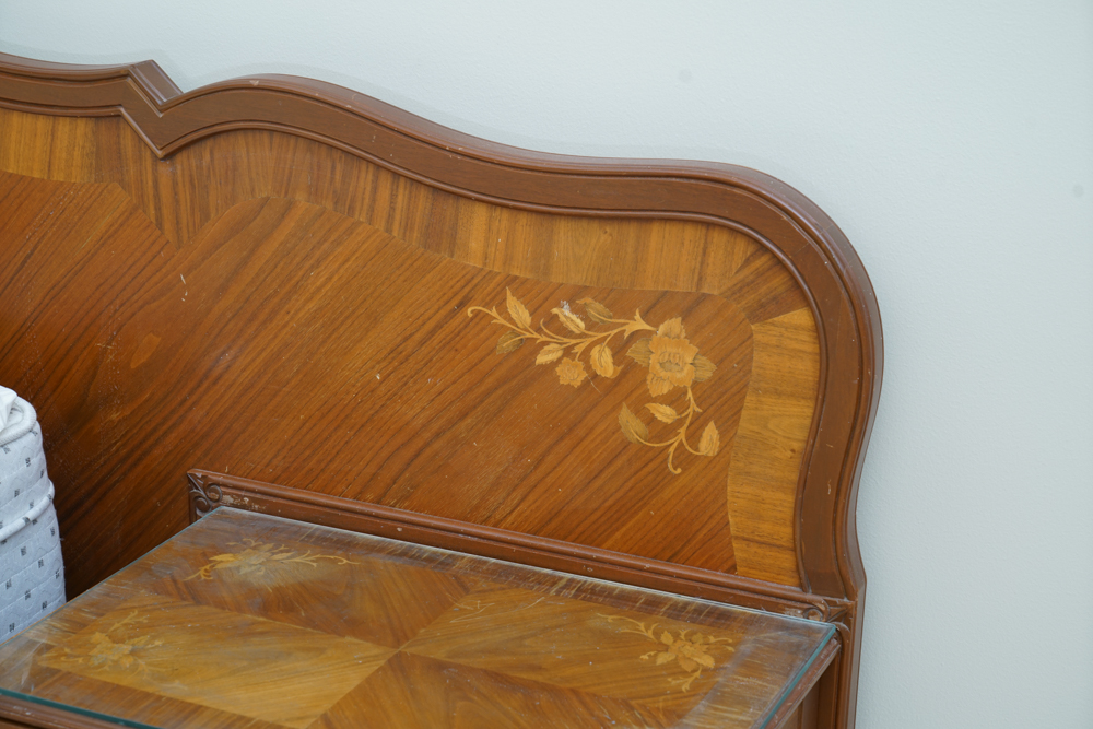 Vintage Rococo Style Walnut Queen Size Headboard with Nightstands