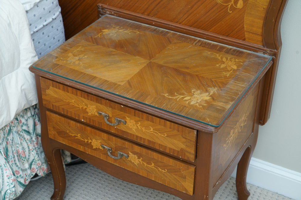 Vintage Rococo Style Walnut Queen Size Headboard with Nightstands