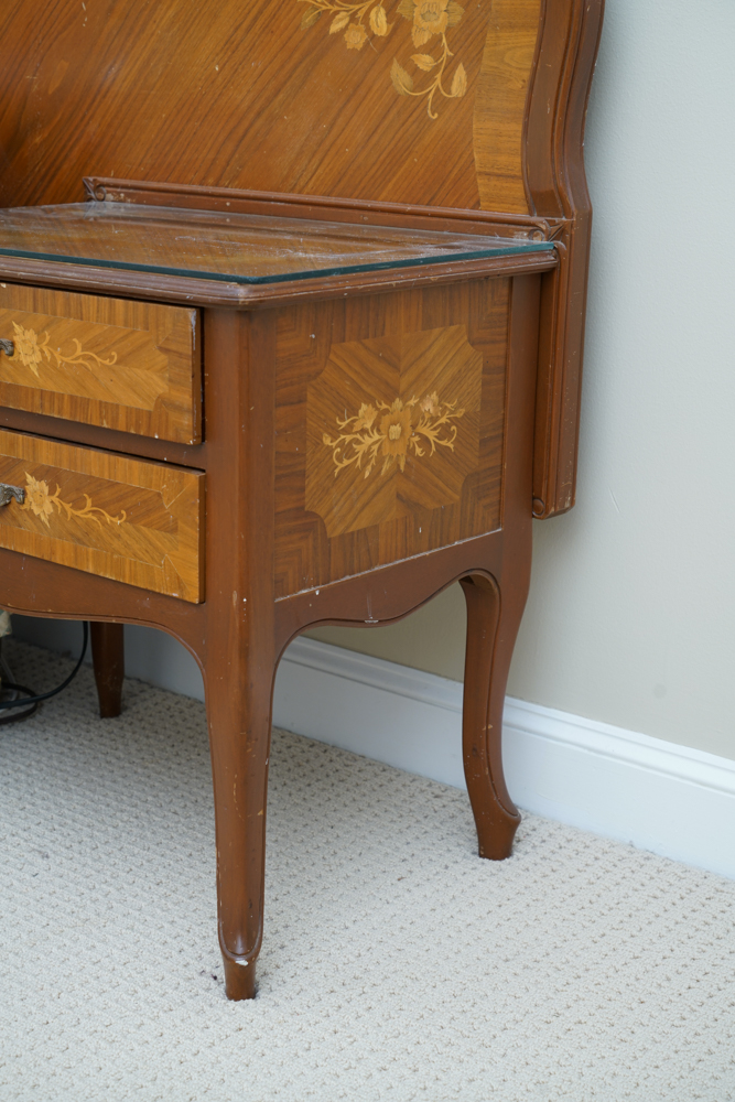 Vintage Rococo Style Walnut Queen Size Headboard with Nightstands