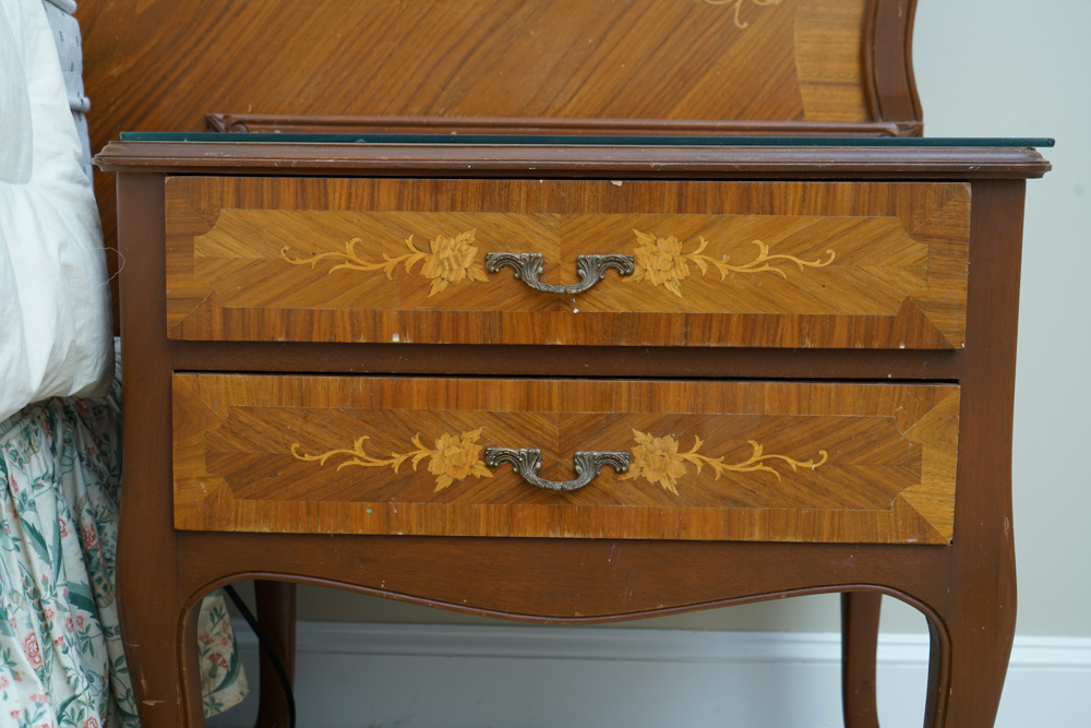 Vintage Rococo Style Walnut Queen Size Headboard with Nightstands