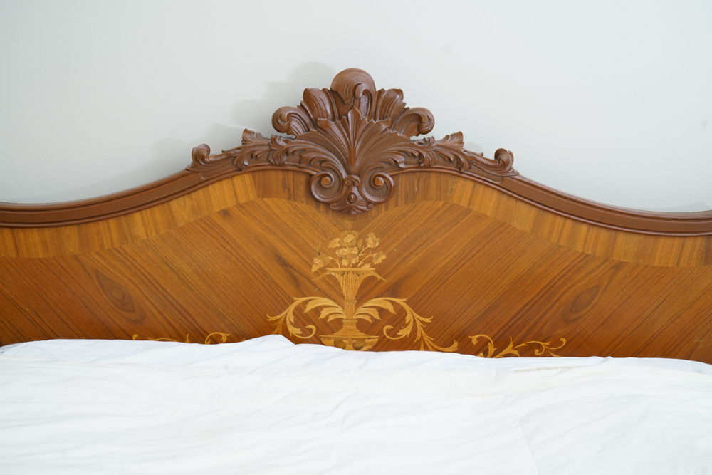 Vintage Rococo Style Walnut Queen Size Headboard with Nightstands