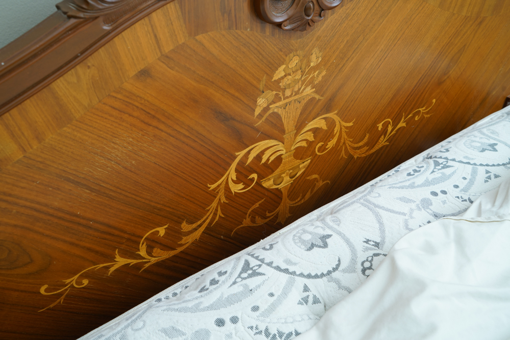 Vintage Rococo Style Walnut Queen Size Headboard with Nightstands