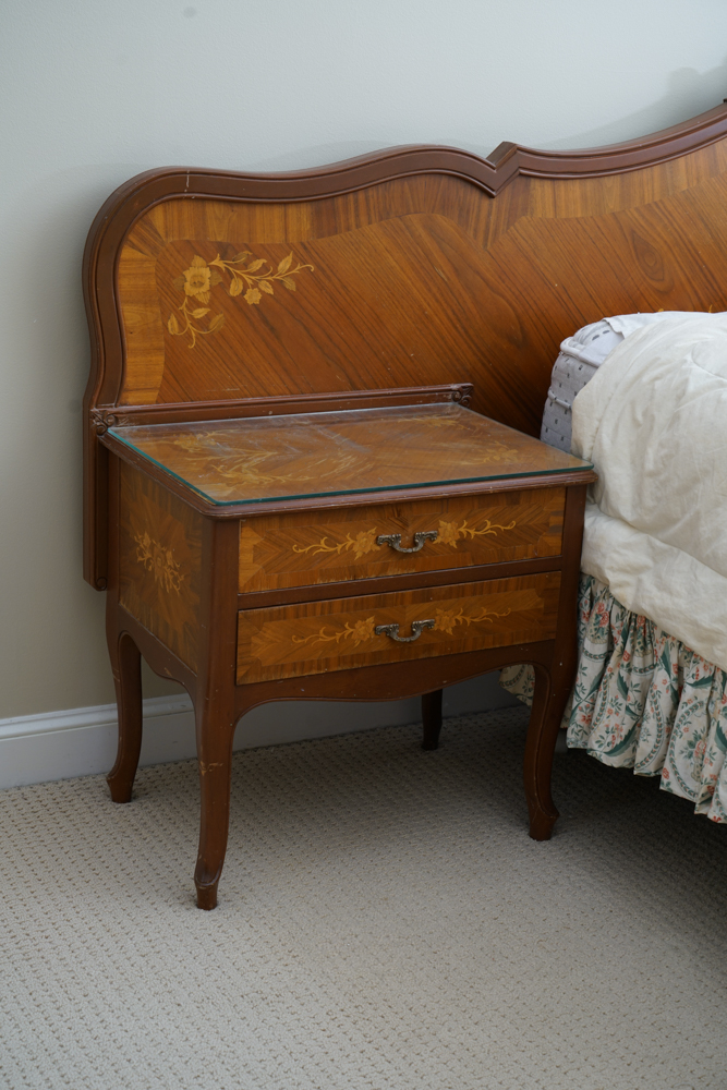 Vintage Rococo Style Walnut Queen Size Headboard with Nightstands