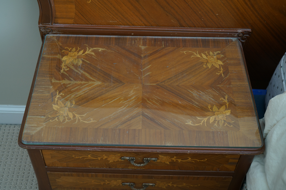 Vintage Rococo Style Walnut Queen Size Headboard with Nightstands