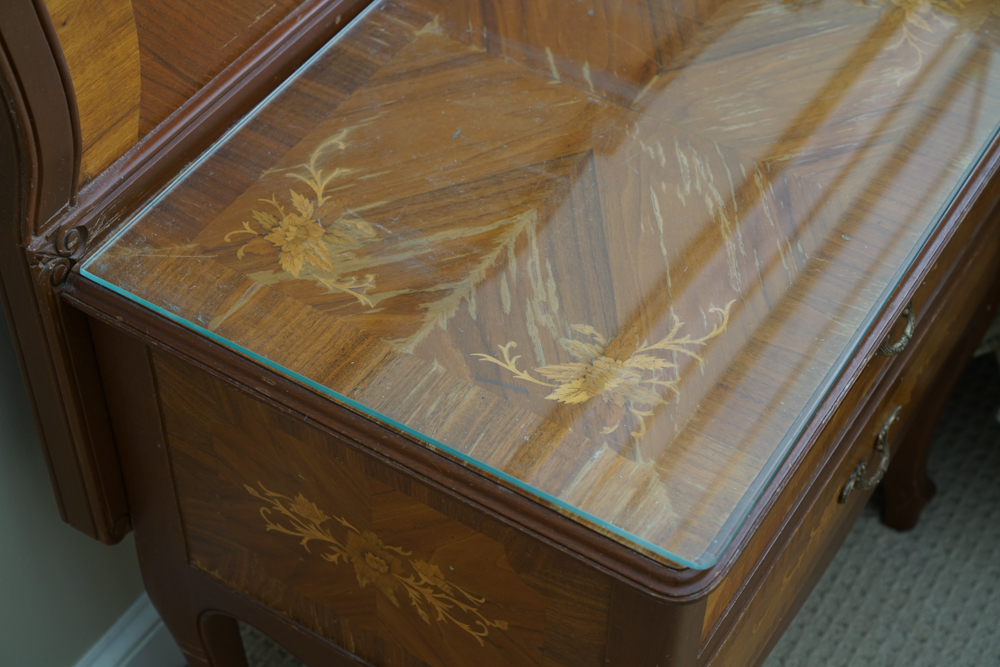 Vintage Rococo Style Walnut Queen Size Headboard with Nightstands