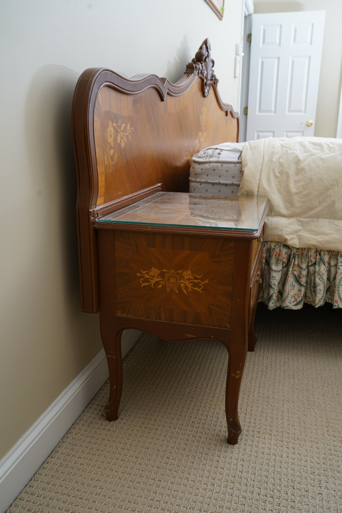 Vintage Rococo Style Walnut Queen Size Headboard with Nightstands
