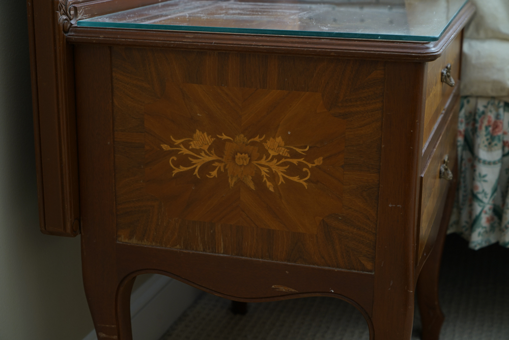 Vintage Rococo Style Walnut Queen Size Headboard with Nightstands