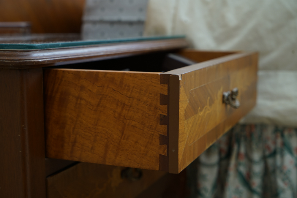 Vintage Rococo Style Walnut Queen Size Headboard with Nightstands