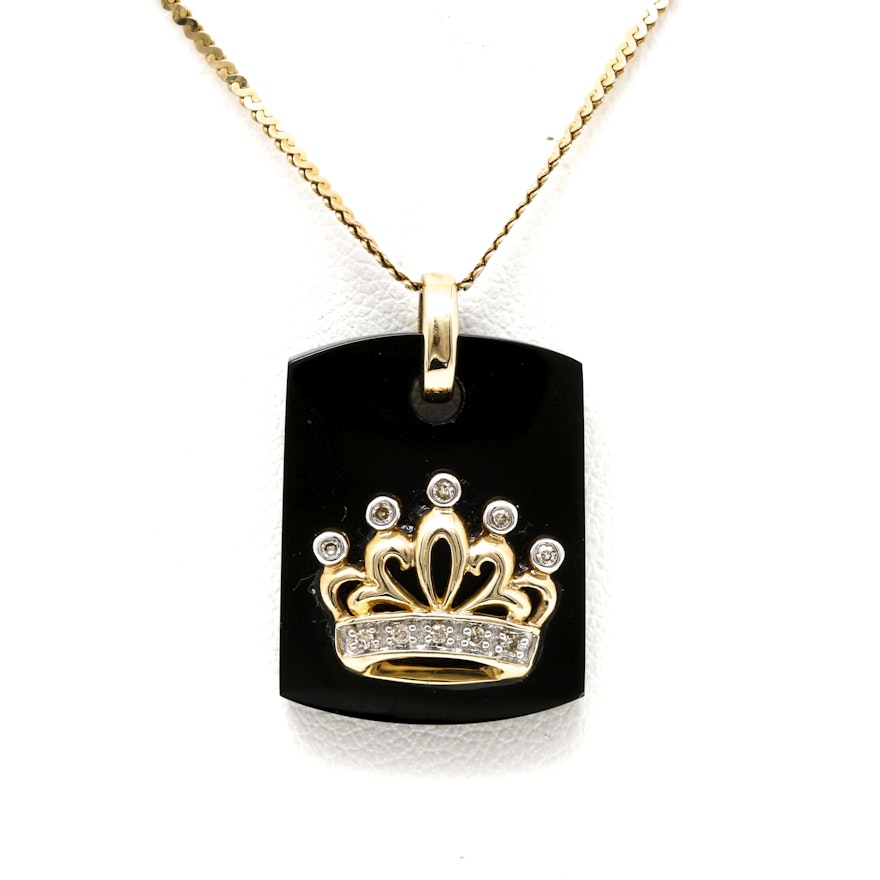 14K Yellow Gold Black Onyx and Diamond Pendant Necklace