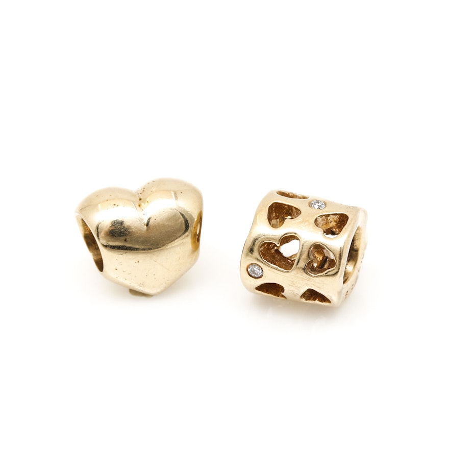 Pandora 14K Yellow Gold Heart Themed Charms Including Diamonds