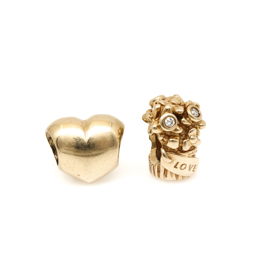 Pandora 14K Yellow Gold Diamond Bouquet and Heart Bead