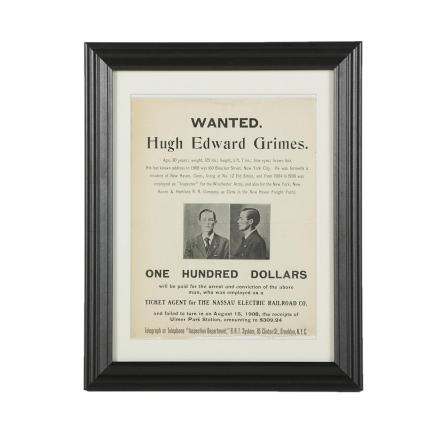1908 Wanted Fugitive Poster from New York