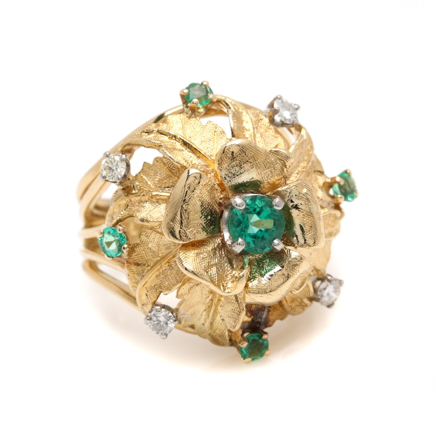 10K Yellow Gold Emerald and Diamond Flower Ring