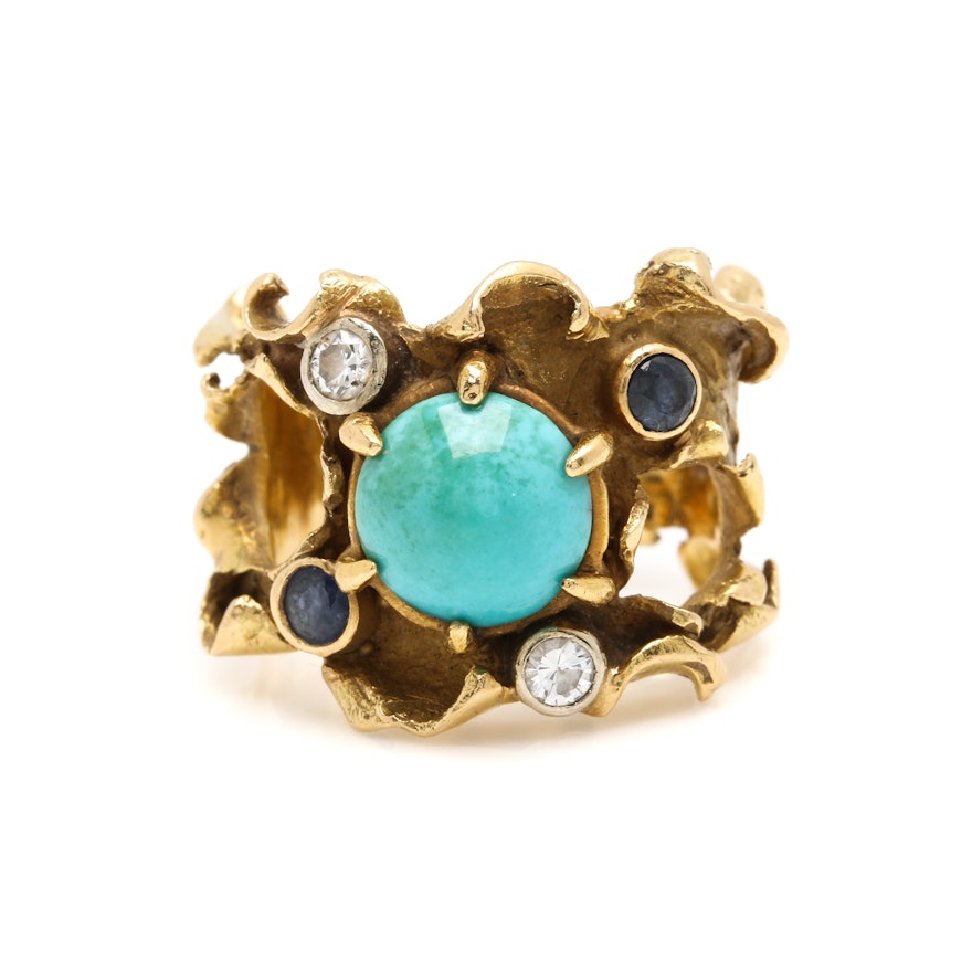 18K Yellow Gold Turquoise, Diamond and Sapphire Ring