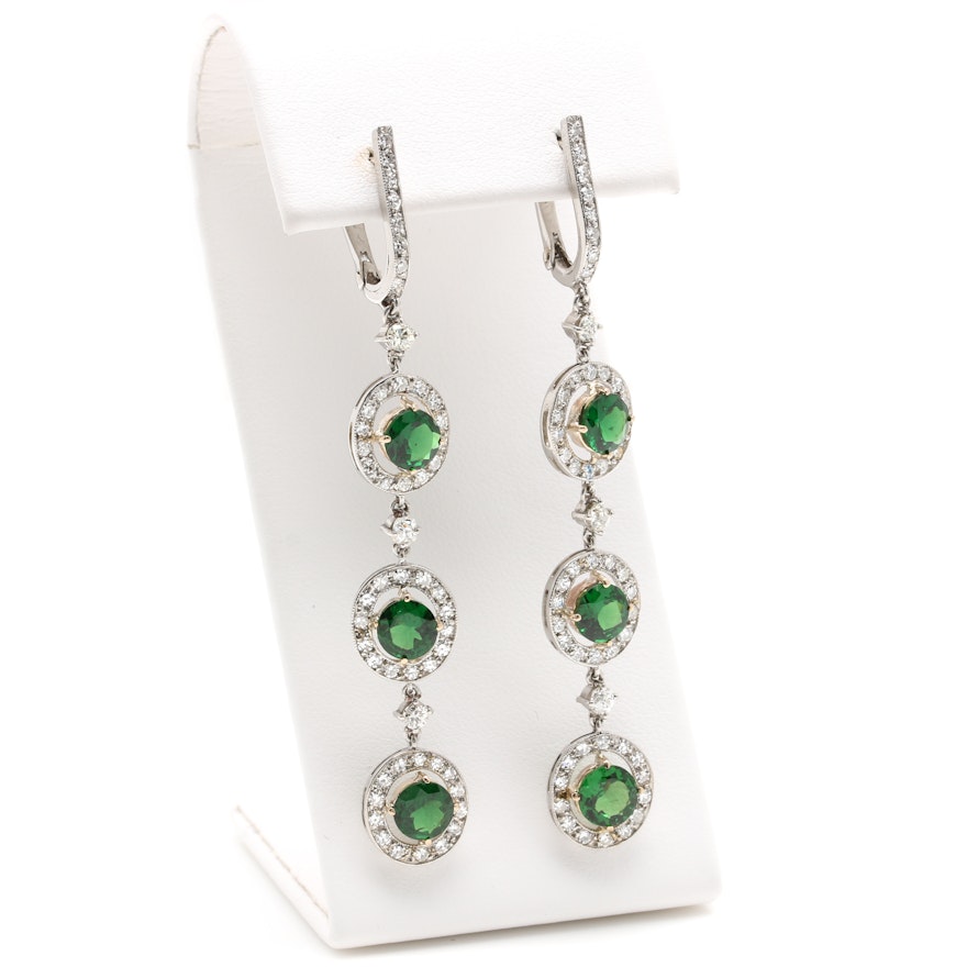 Platinum and 14K Yellow Gold Tsavorite Garnet and 1.66 Diamond Dangle Earrings