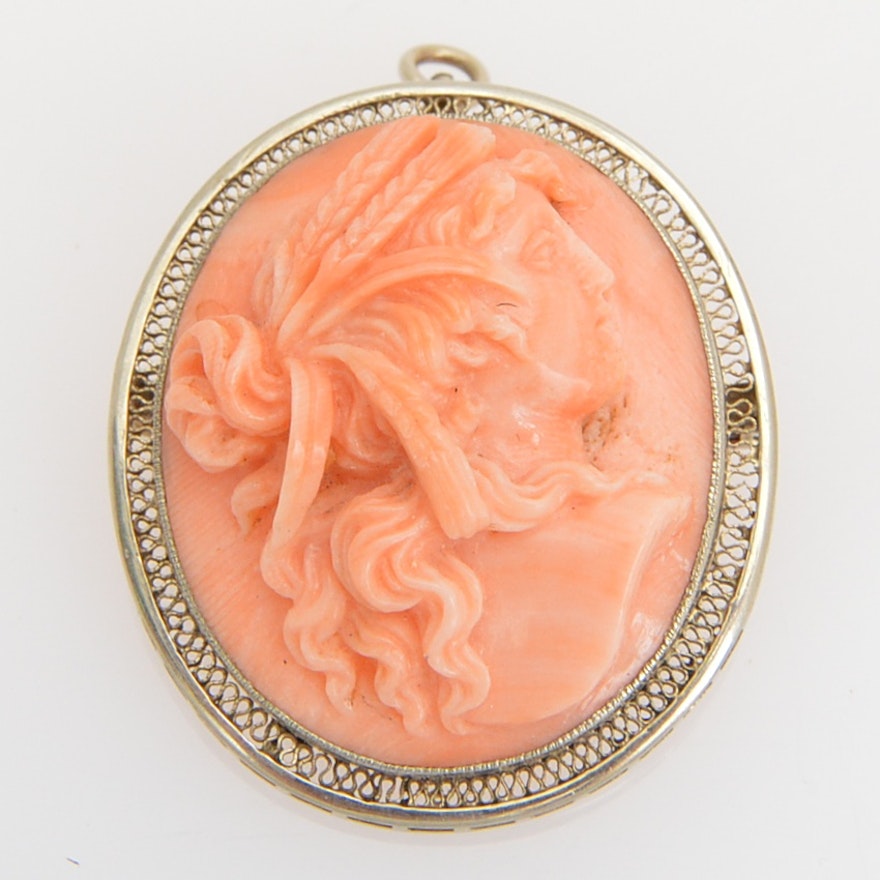 Antique 14K White Gold and Coral Cameo Converter Brooch