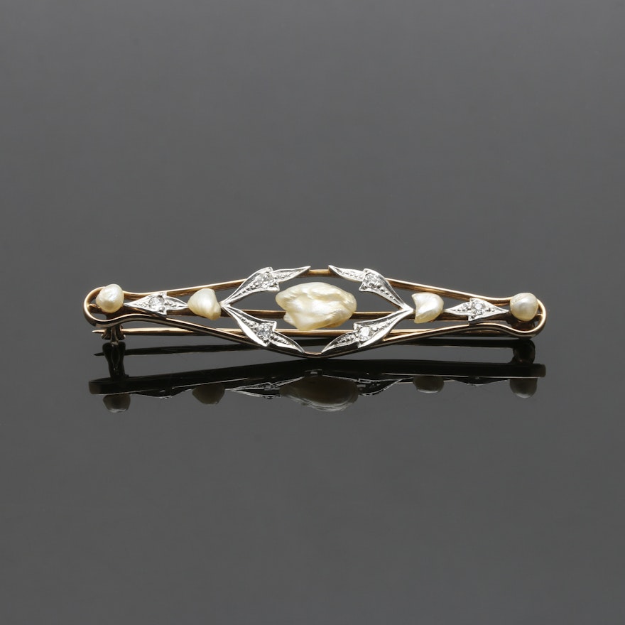 Arts and Crafts 14K Yellow Gold and Platinum Cultured Pearl and Diamond Brooch