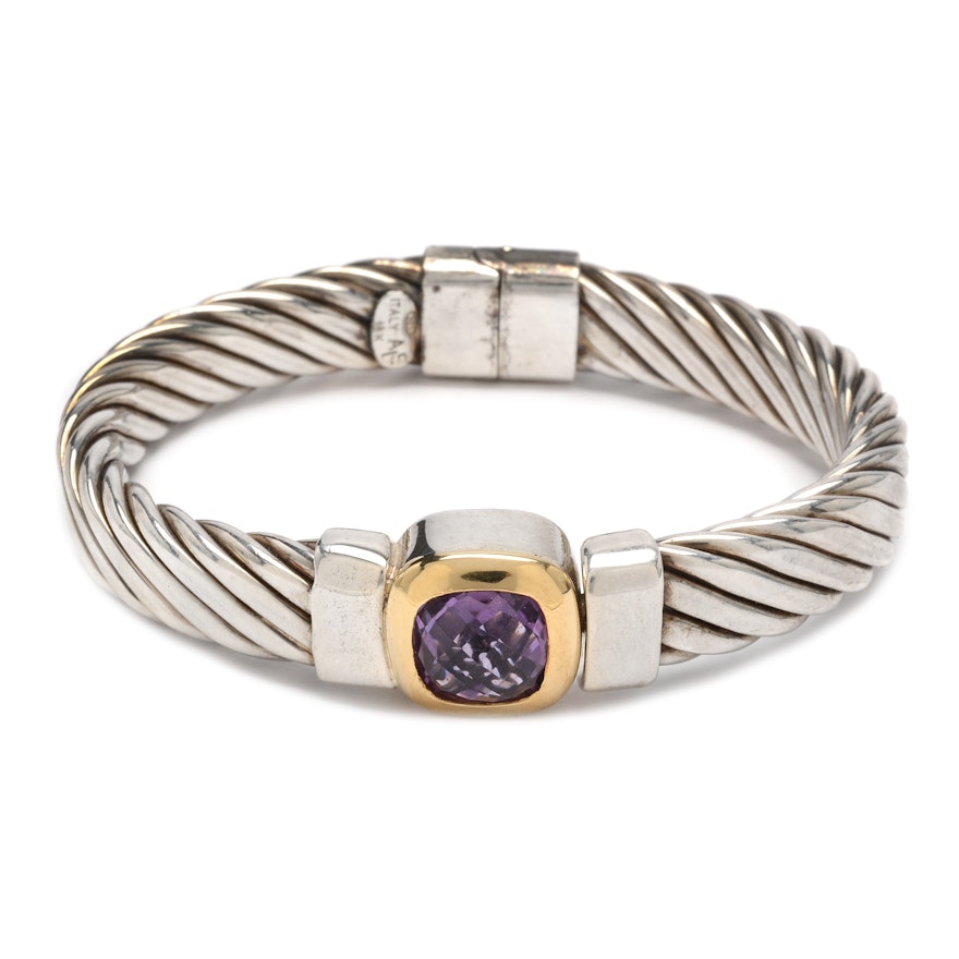 Sterling Silver and Amethyst Hinged Bracelet with 18K Yellow Gold Accents