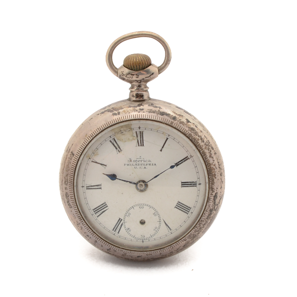 New York Standard America Sterling Silver Open Face Pocket Watch