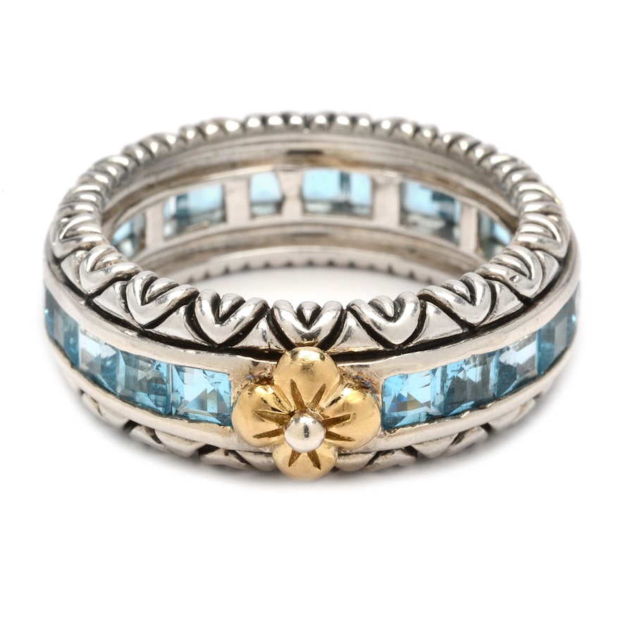 Barbara Bixby Sterling Silver and 18K Gold 3.45 Carat Blue Topaz Ring