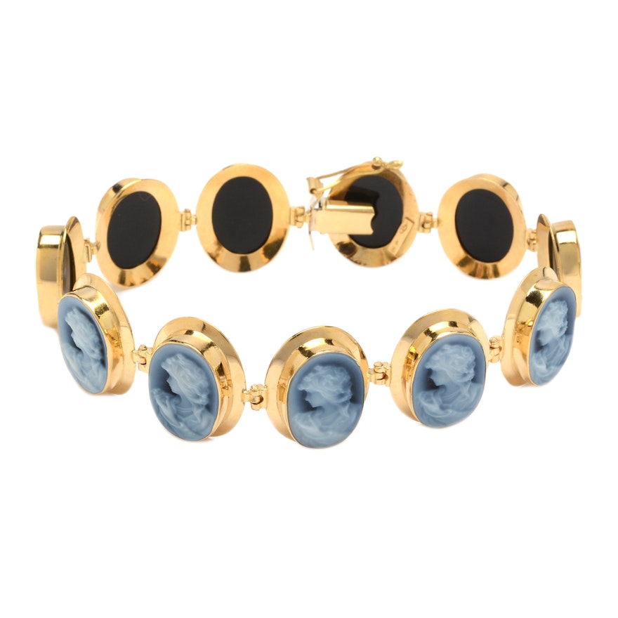 18K Gold Blue Agate Cameo Bracelet