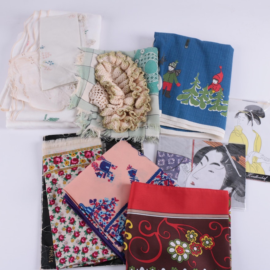 Vintage Silk Scarves Including Pierre Cardin, and Linens