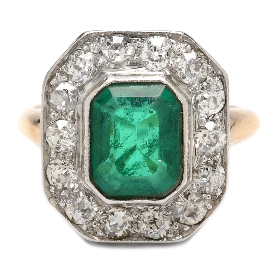 14K Yellow Gold and Platinum Emerald Triplet and Diamond Ring