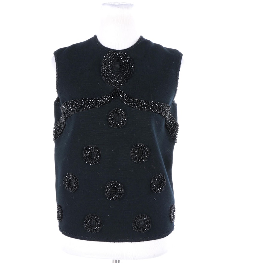 Women's Vintage Hand Beaded Black Wool Sleeveless Top