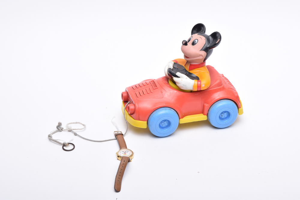 Mickey Mouse Watch and Vintage Toy Pull Car