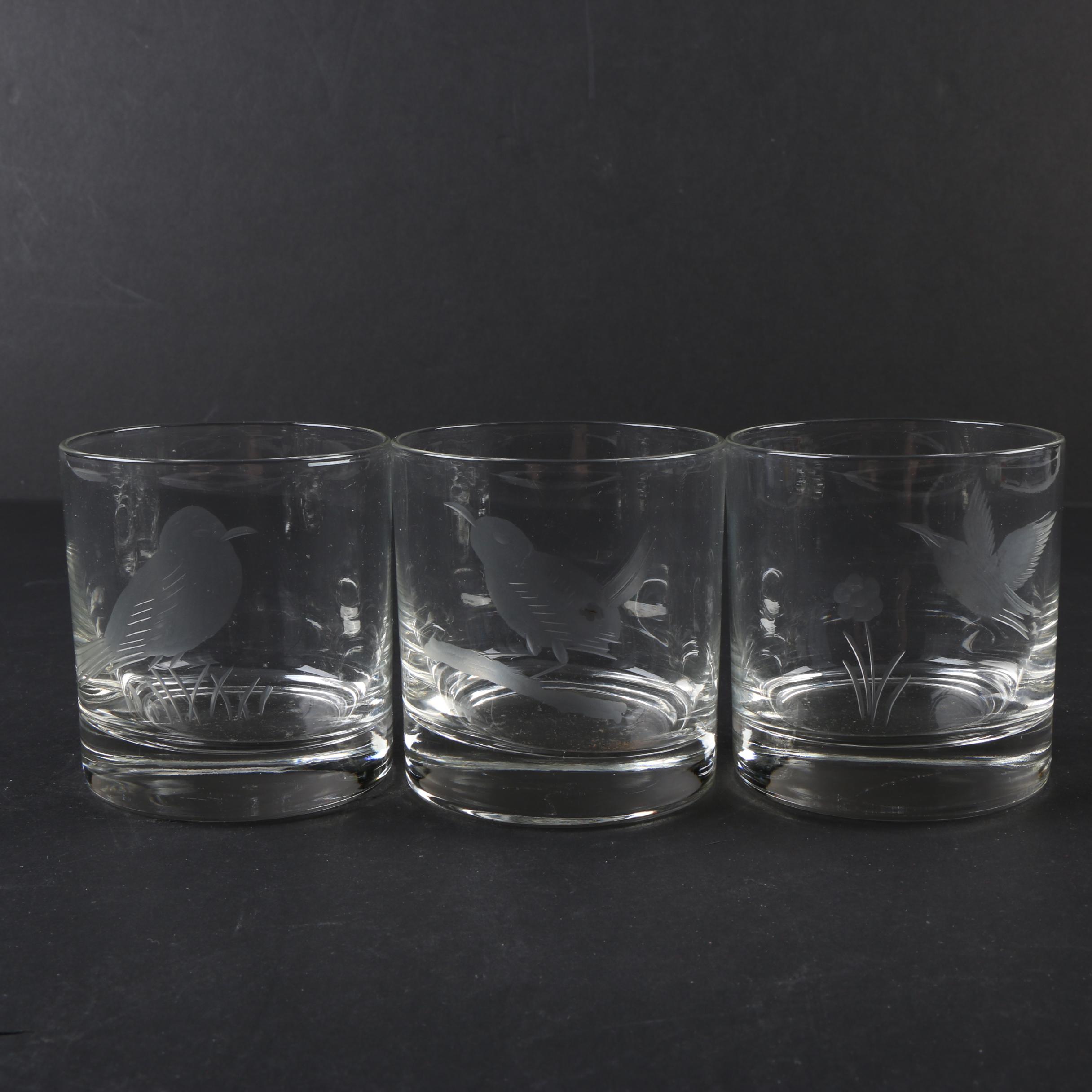Frosted Bird Motif Rocks Glasses