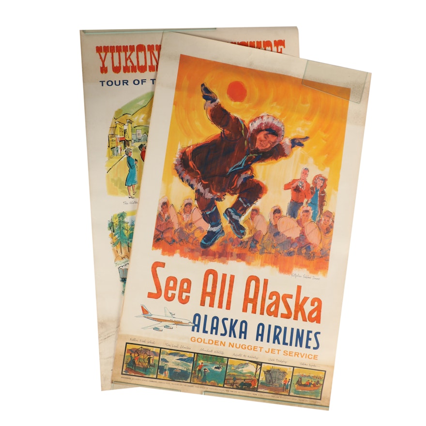 Vintage Offset Lithographs of Alaska Airlines Promotional Travel Posters