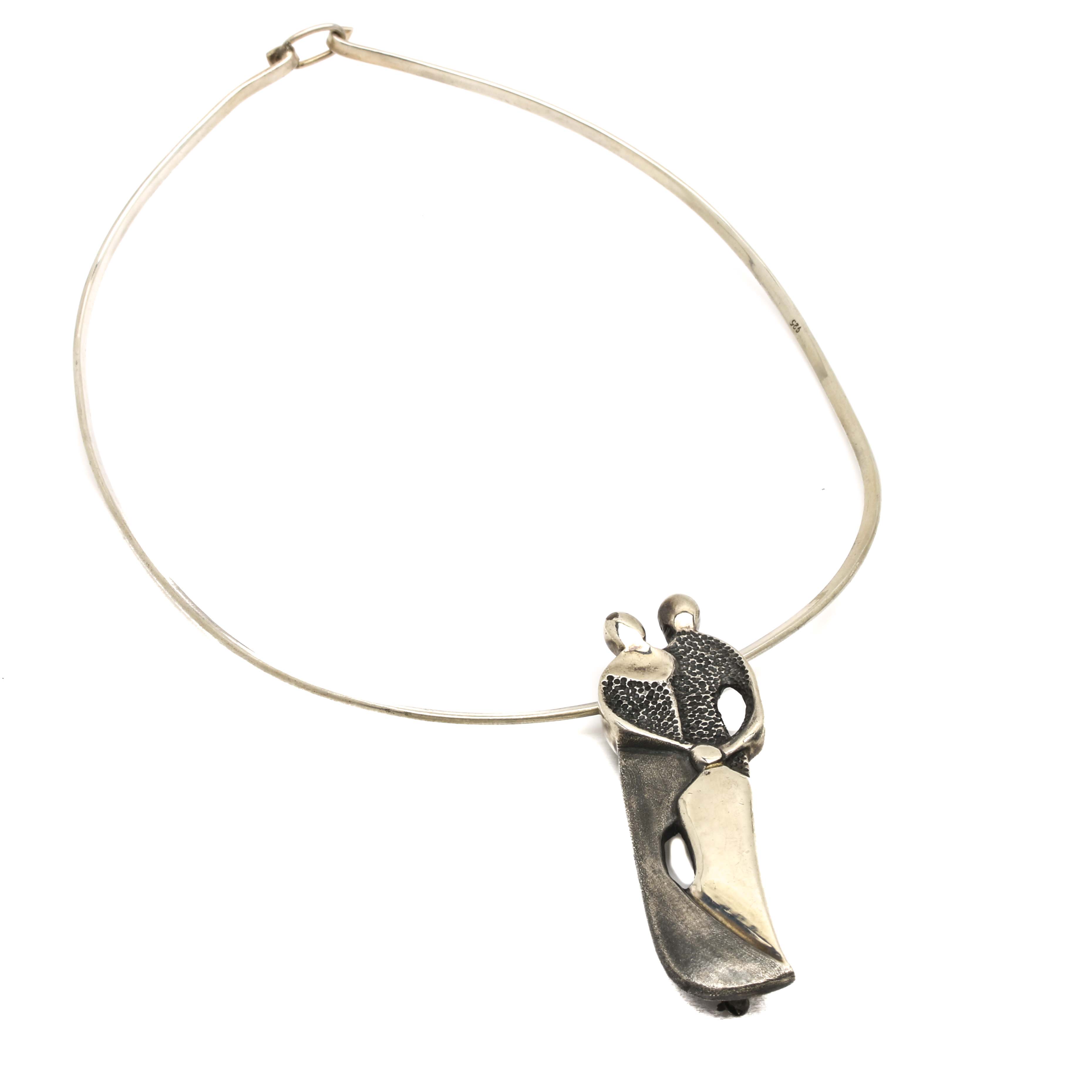 Sterling Silver Collar Necklace with Etched Family Pendant